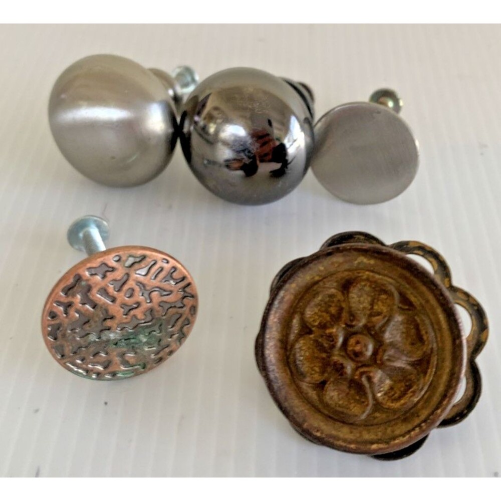 Lot 5 Vintage & Modern Cabinet Knobs Mixed Finishes Copper Brass Nickel Craft